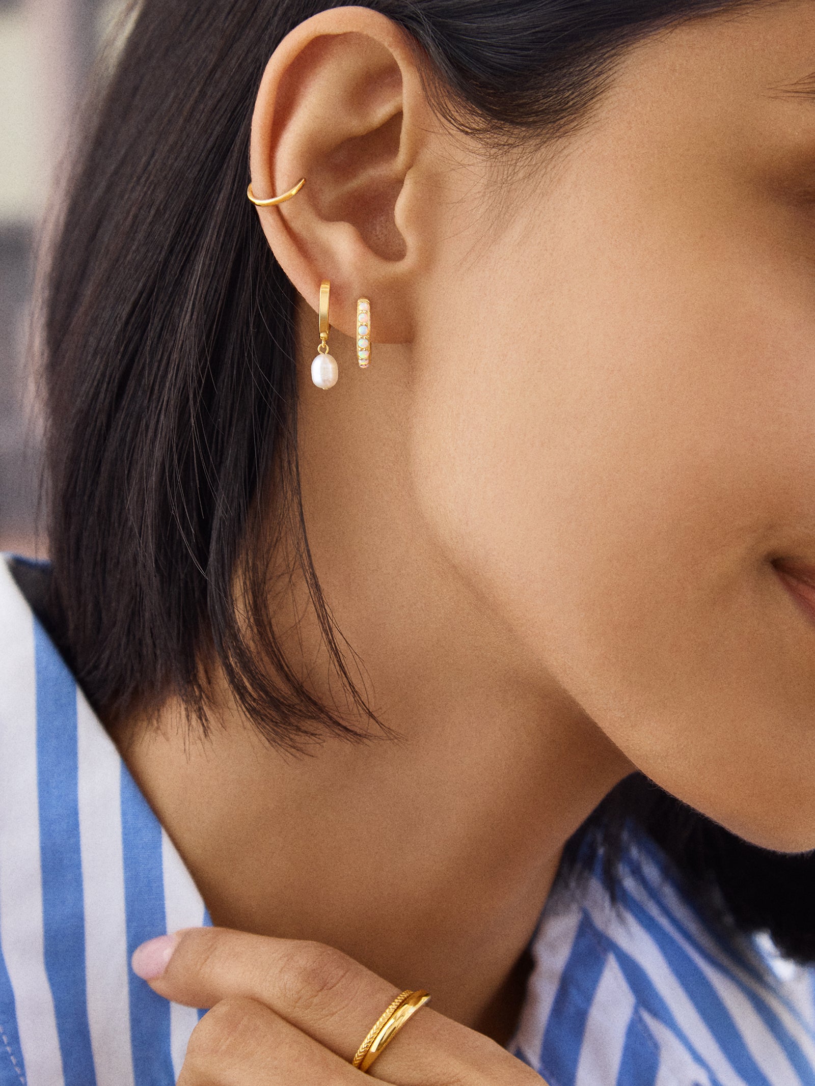 18K Gold Semi-Precious Huggie Earrings - Opal - Image 2