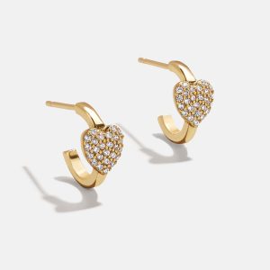 18K Gold Heart Delicate Hoop Earrings - Puffy Pav?? Heart