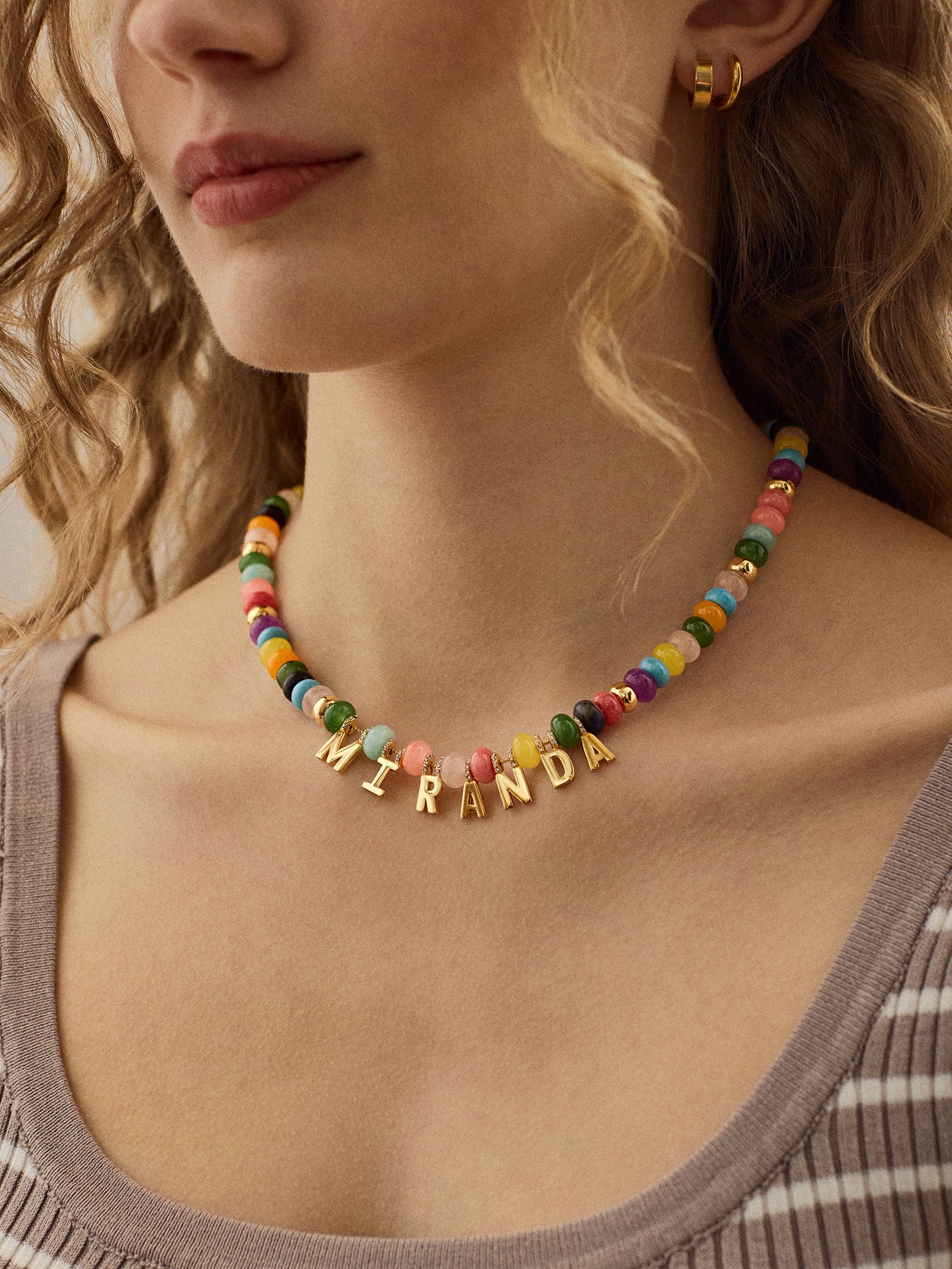 Semi-Precious Gold Custom Nameplate Necklace - Gold/Multi - Image 2