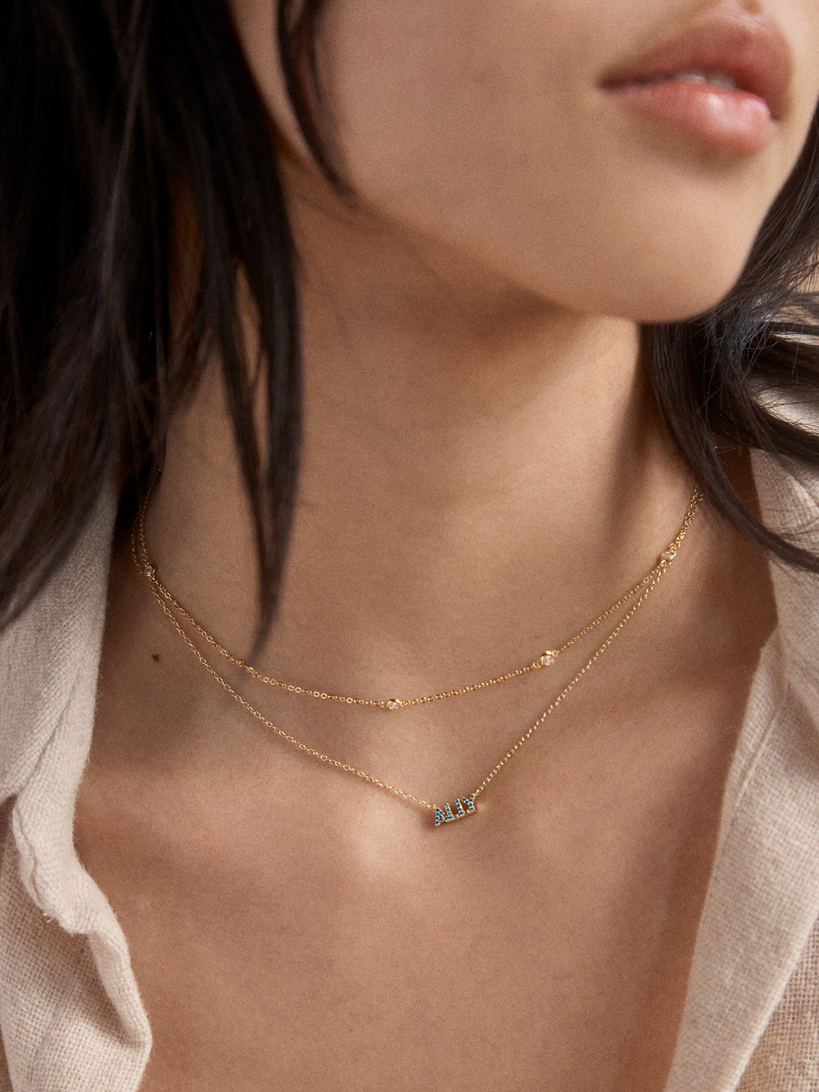 18K Gold Birthstone Custom Nameplate Necklace - Aquamarine - Image 4