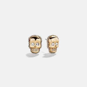 Gold and Pav?? Skull Stud Earrings - Skull